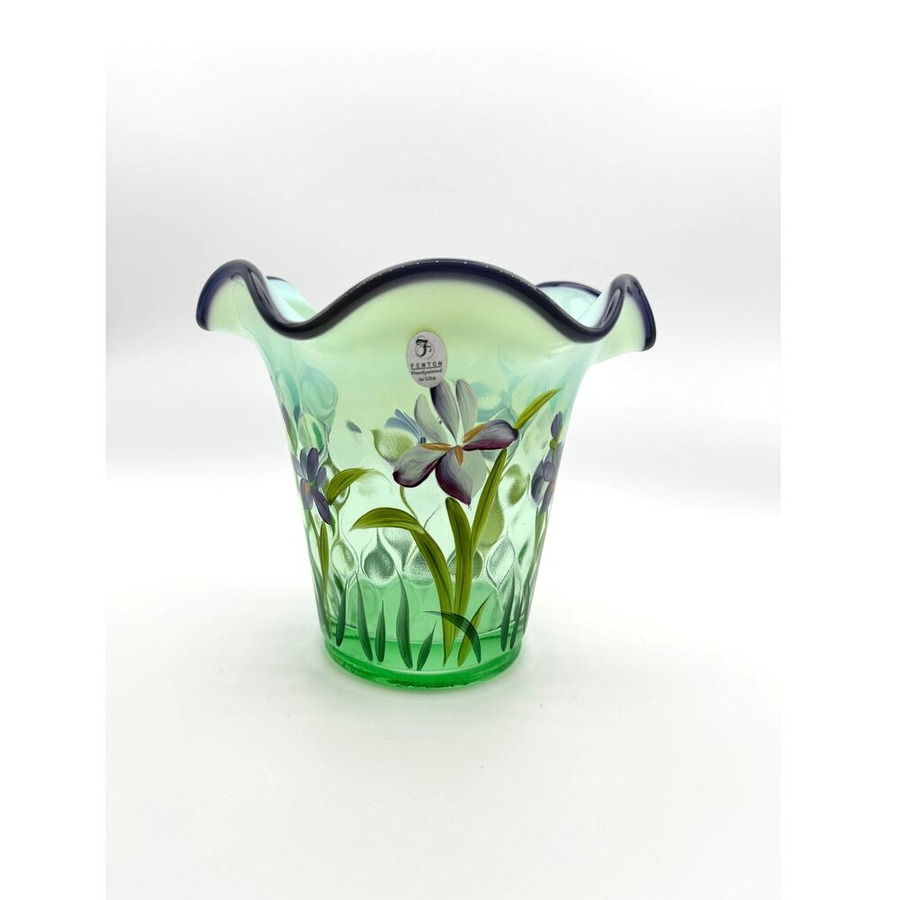 Fenton Green Opal Glass Iris Vase Hand Painted Designer Showcase Signed